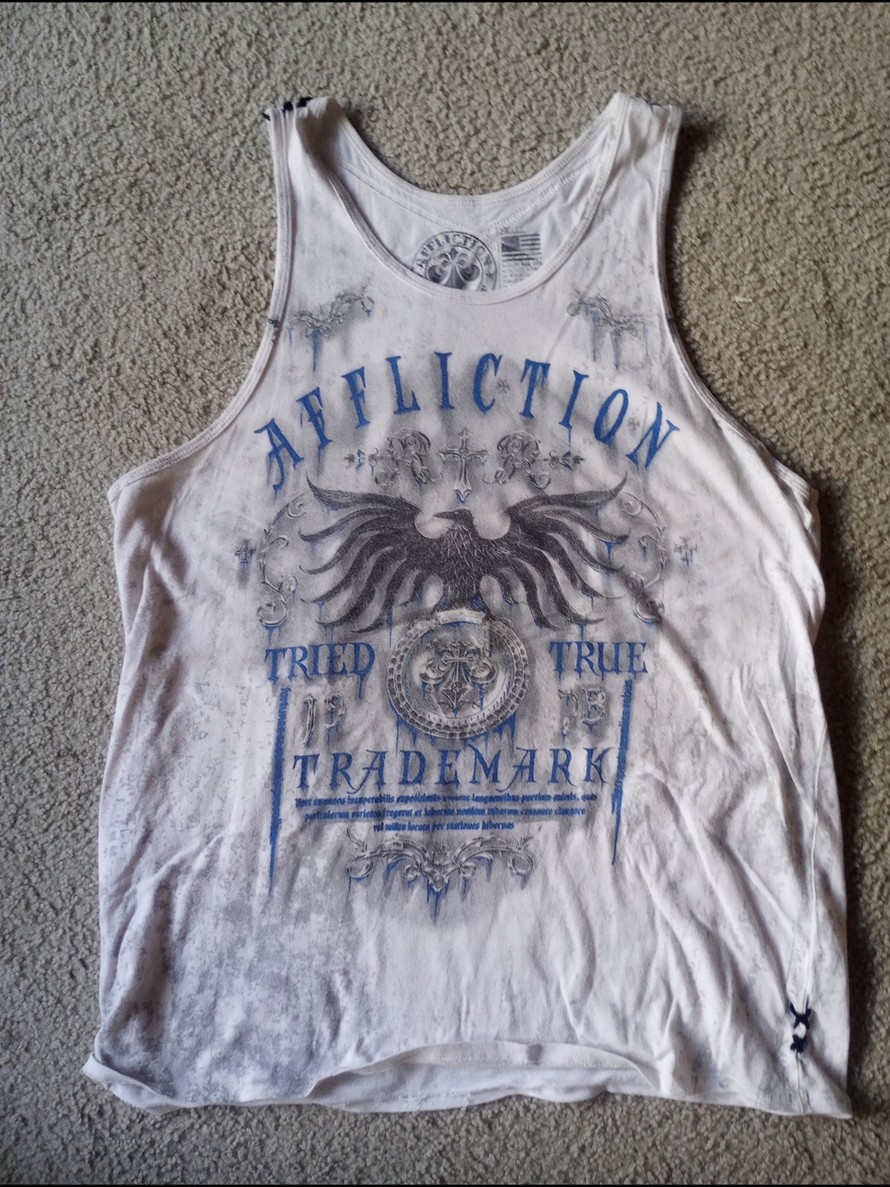 Affliction White Tank Top with Blue Graphic Eagle Print